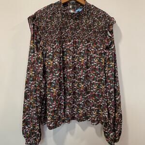DRAPER JAMES Womens Blouse Sz 3X Green Western‎ Floral Long Sleeve Smocked Top